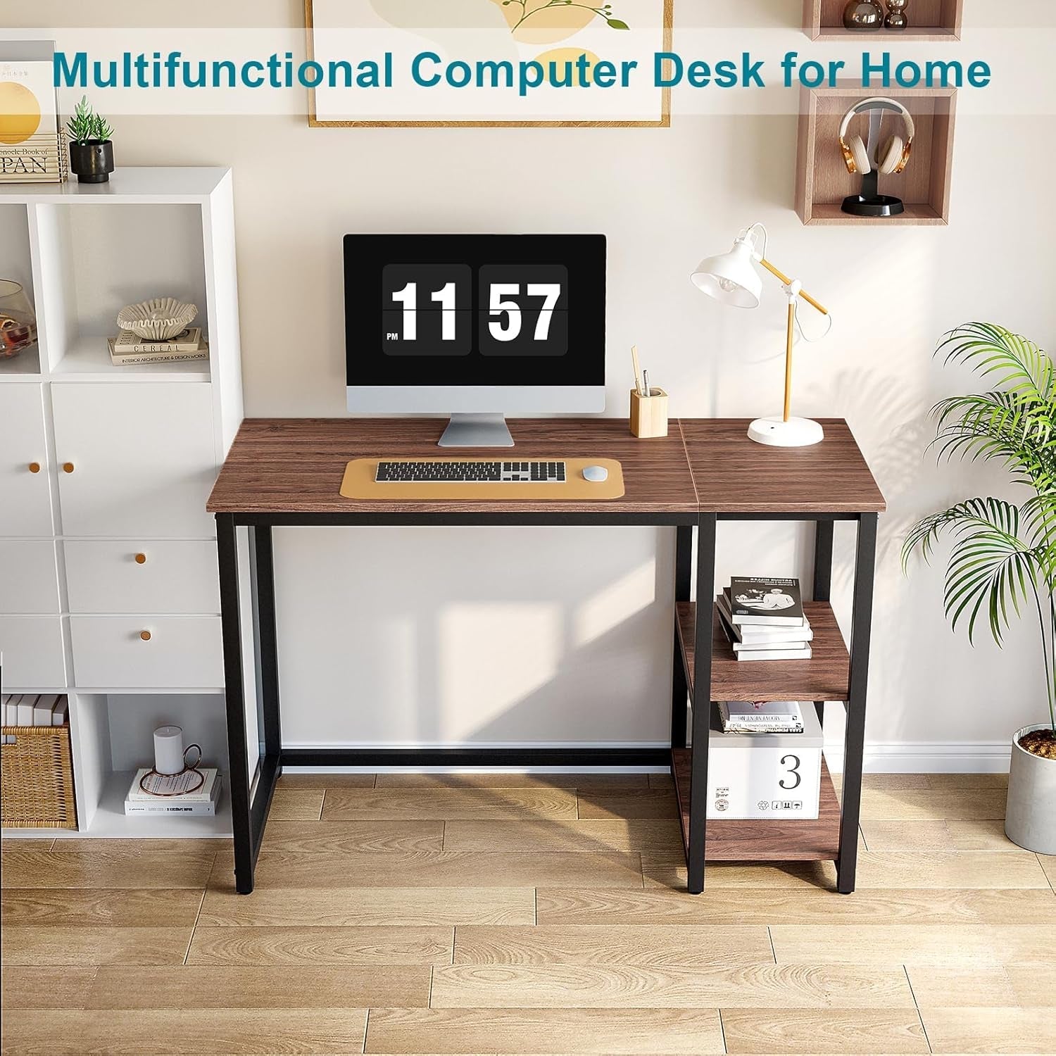 40 Inch Computer Desk With 2 Shelves Brown Sturdy Home Office Gaming Desk - Gear for Gamers