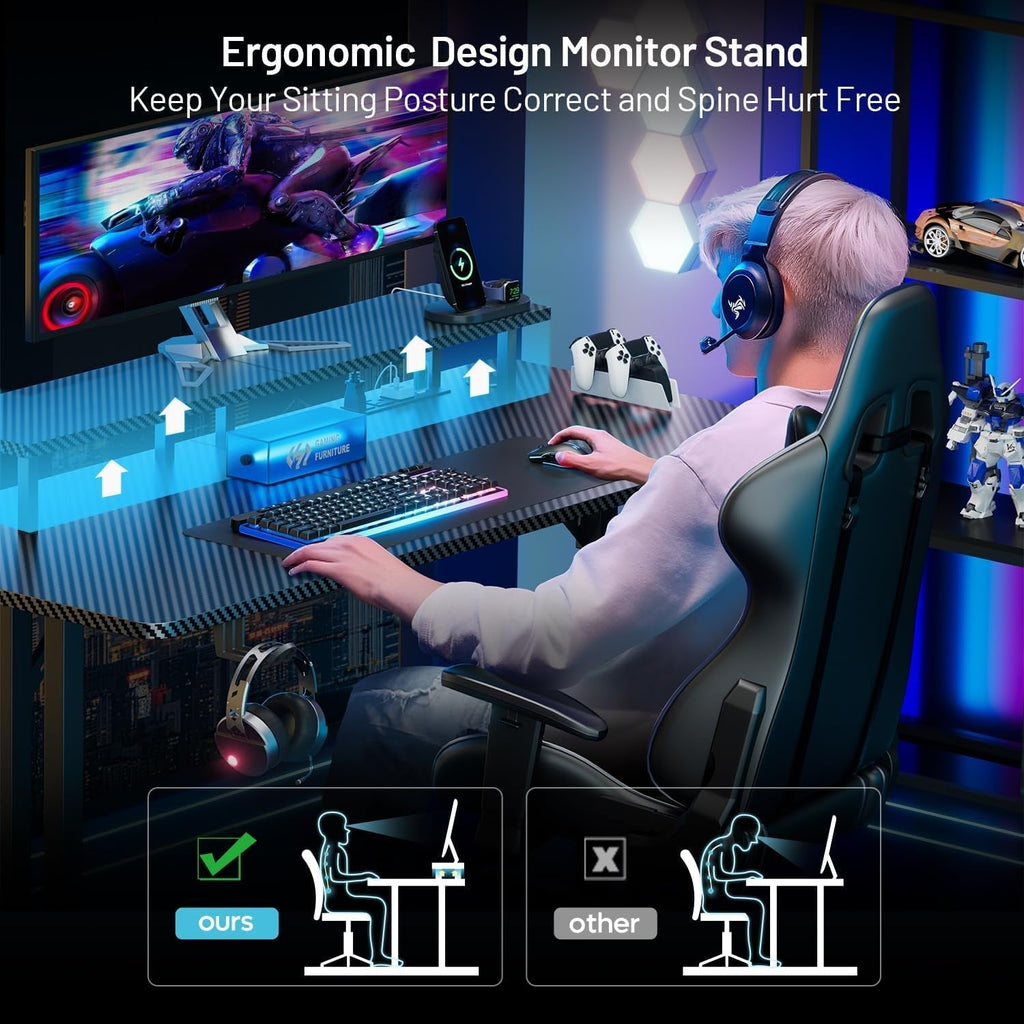 Ergonomic 63 Inch Gaming Desk With LED Lights - Gear for Gamers