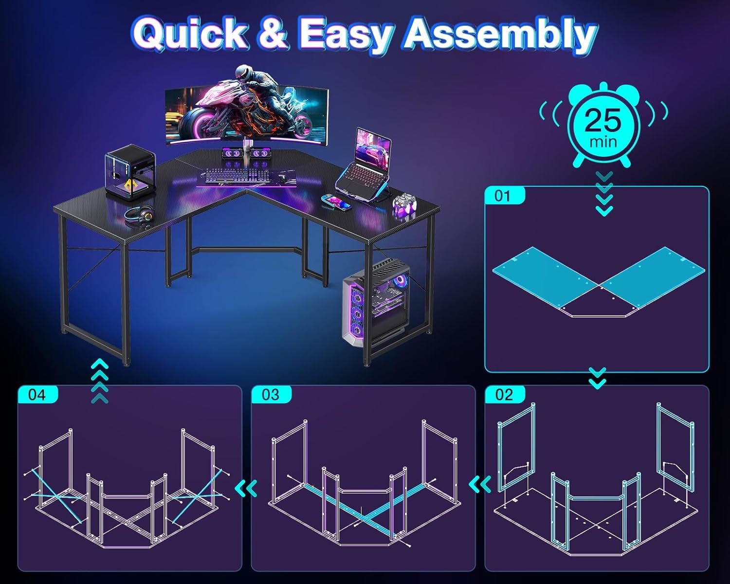 L Shaped Gaming Desk 51 Inch Computer Desk Carbon Fiber - Gear for Gamers